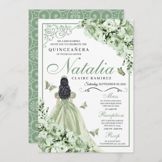 Sage Green Rose Princess Dress Quinceanera Einladung (Vorne/Hinten)