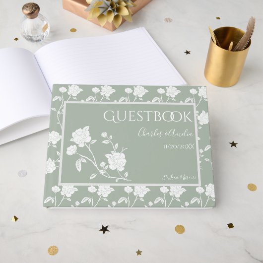 Sage Green Rose Wedding Guest Book Gästebuch (Vorderseite Offen)