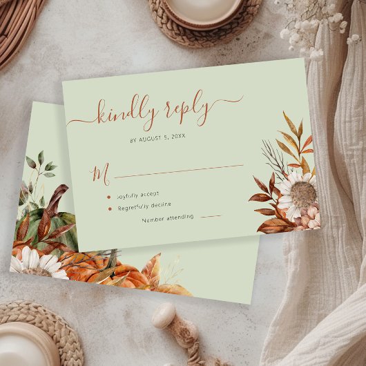 Sage green rust foliage boho floral wedding RSVP karte