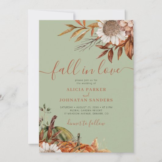 Sage green rust leaves boho floral fall wedding einladung (Vorderseite)
