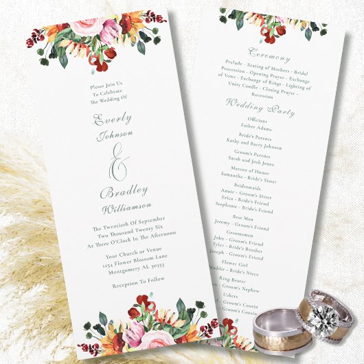 Sage Green Rust Yellow Orange Floral Wedding Programm