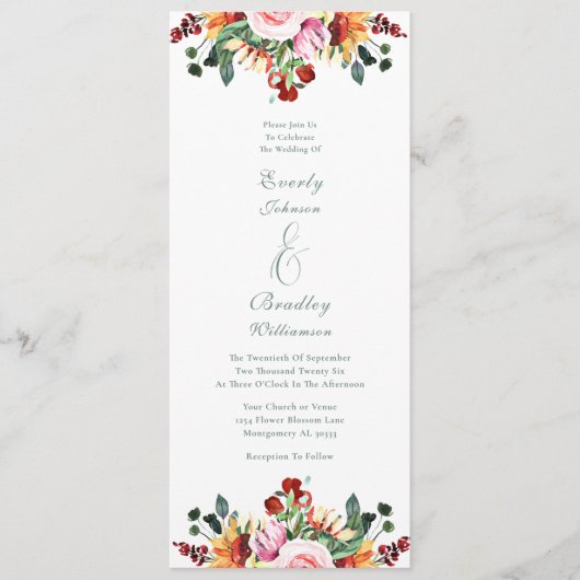 Sage Green Rust Yellow Orange Floral Wedding Programm (Vorderseite)