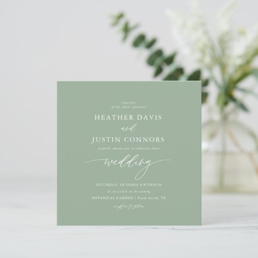 Sage Green Rustic Calligraphy Square Wedding Einladung (Stehend Vorderseite)