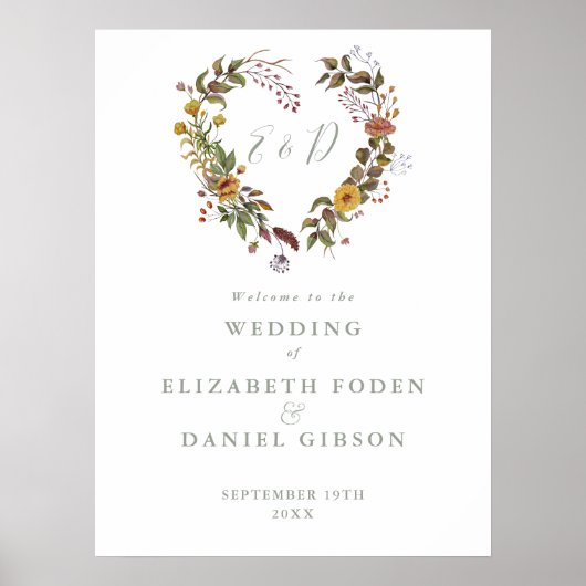 Sage Green Rustic Floral Wedding Willkommenszeiche Poster (Vorne)