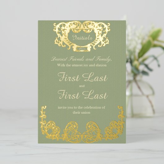 Sage Green Rustic Royal Wedding Foil Einladung (Stehend vorne)