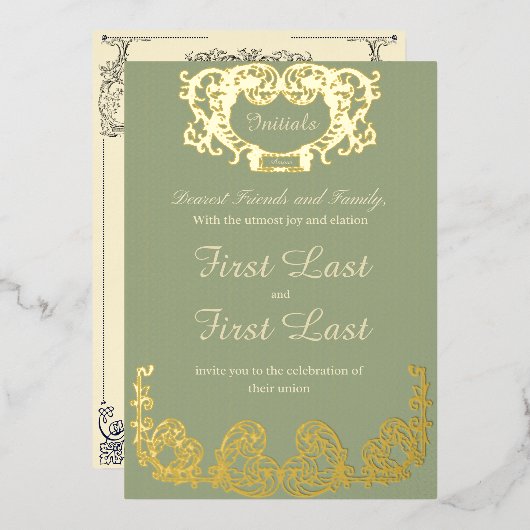 Sage Green Rustic Royal Wedding Foil Einladung (Vorderseite/Rückseite)