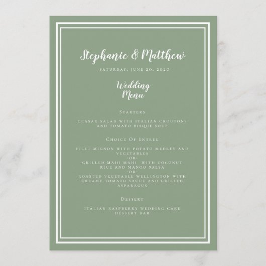 Sage Green Rustic Wedding Simple Modern Dinner Menükarte (Vorderseite)