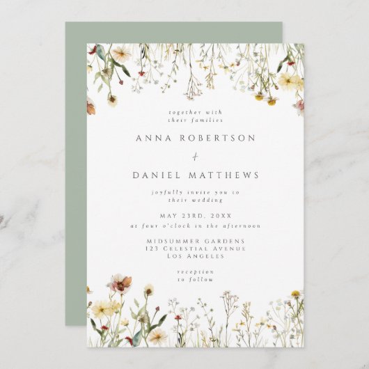 Sage Green Rustic Wildflower Wedding Invitation Einladung (Vorne/Hinten)