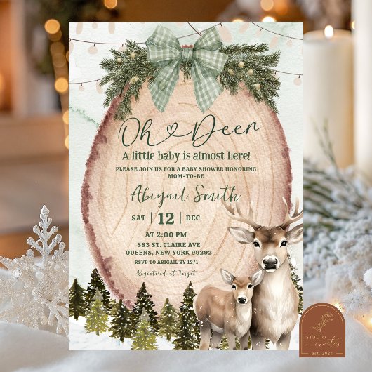 Sage Green Rustic Winter Deer Baby Shower Einladung