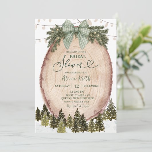 Sage Green Rustic Winter Forest Bridal Shower Einladung (Stehend Vorderseite)