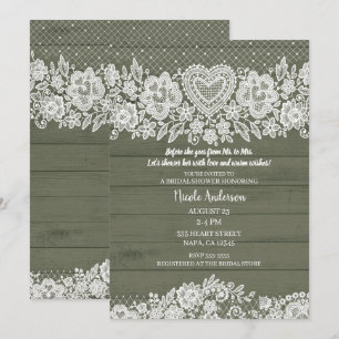 Sage Green Rustic Wood Lace Brautparty Einladung