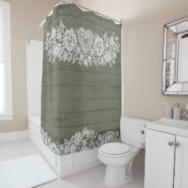 Sage Green Rustic Wood & White Lace Lacy Bauernhof Duschvorhang