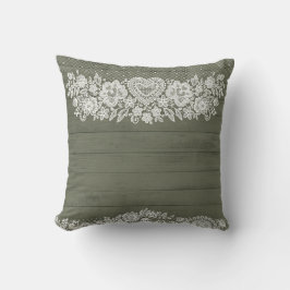 Sage Green Rustic Wood & White Lace Lacy Bauernhof Kissen