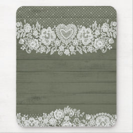 Sage Green Rustic Wood & White Lace Lacy Bauernhof Mousepad