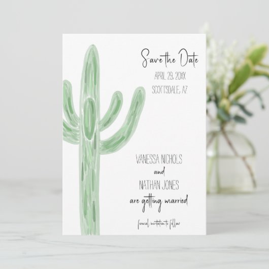 Sage Green Saguaro Cactus Save the Date Einladung (Stehend Vorderseite)