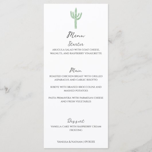 Sage Green Saguaro Cactus Vertical Wedding Menu Menükarte (Vorderseite)