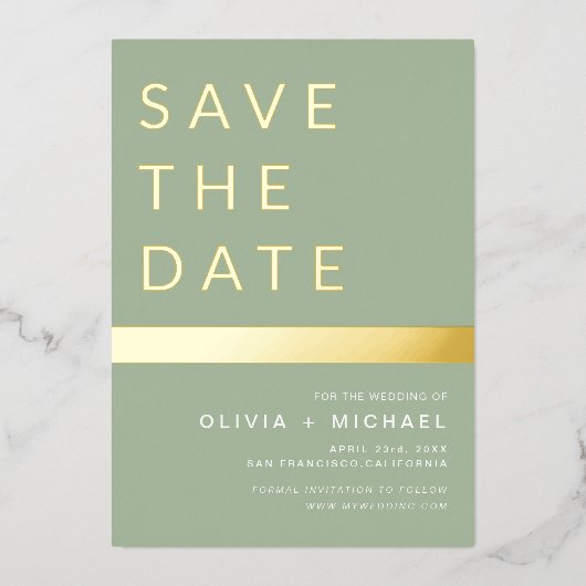 Sage Green Save the Date Elegante Gold Folieneinladung (Vorderseite)