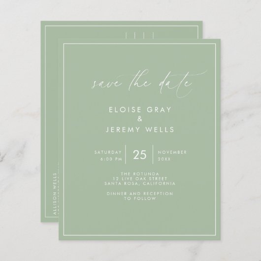 Sage Green Save the Date Postcard (Vorne/Hinten)