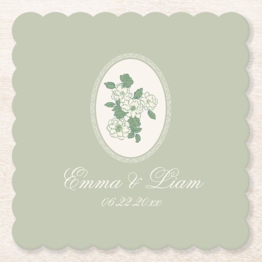 Sage Green Scalloped Wedding Paper Coasters Untersetzer (Vorderseite)