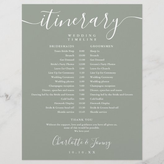 Sage Green Schedule Wedding Tour Timeline (Vorderseite)