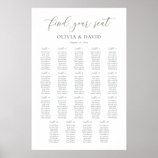 Sage Green Script 19 Tabellen Sitzungstabelle Poster (Vorne)