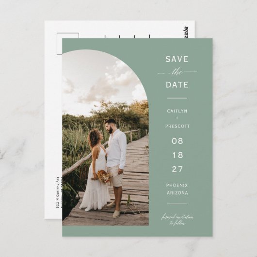 Sage Green Script Arch Foto QR-Code Save the Date Postkarte (Vorne/Hinten)