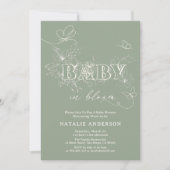 Sage Green Script Blume Butterflies Baby in Bloom Einladung (Vorderseite)
