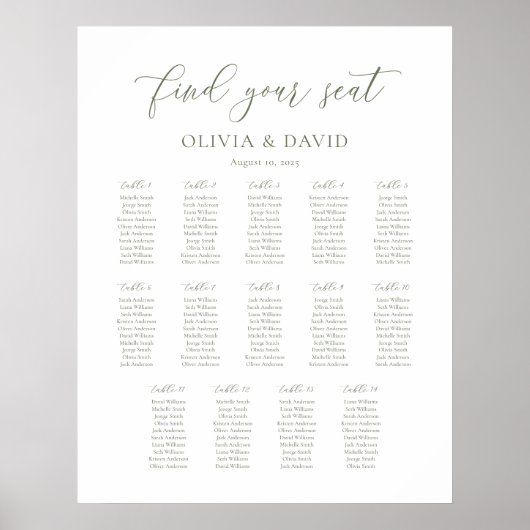 Sage Green Script Elegant 14 Tabelle Seating Chart Poster (Vorne)