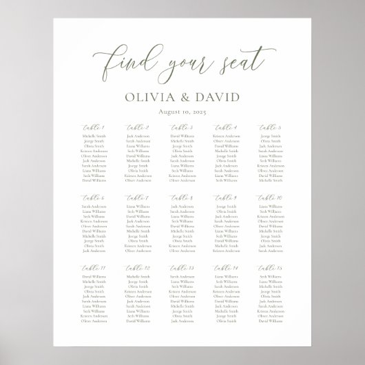 Sage Green Script Elegant 15 Tabelle Seating Chart Poster (Vorne)