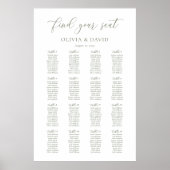 Sage Green Script Elegant 16 Tabelle Seating Chart Poster (Vorne)
