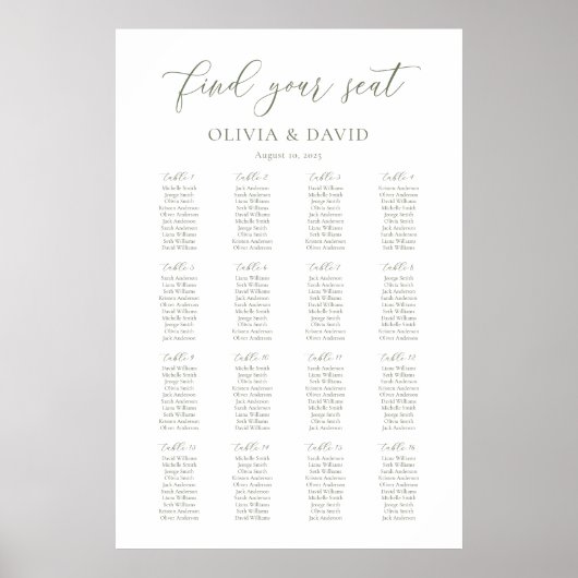 Sage Green Script Elegant 16 Tabelle Seating Chart Poster (Vorne)