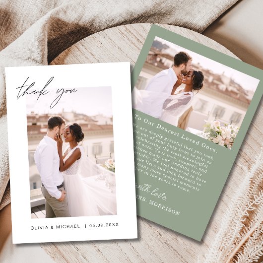 Sage Green Script Foto Hochzeit Danke Karte