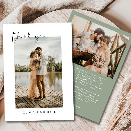 Sage Green Script Foto Hochzeit Danke Karte