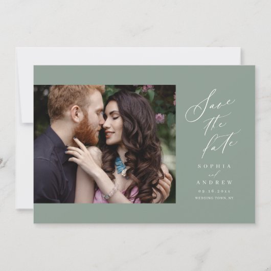 Sage Green Script Foto Save the Date (Vorderseite)