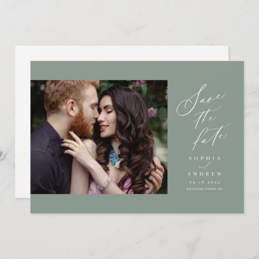 Sage Green Script Foto Save the Date (Vorne/Hinten)