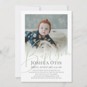 Sage Green Script Foto Taufe Einladung (Vorderseite)