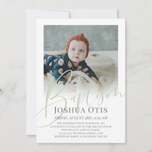 Sage Green Script Foto Taufe Einladung (Vorderseite)