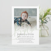 Sage Green Script Foto Taufe Einladung (Stehend Vorderseite)