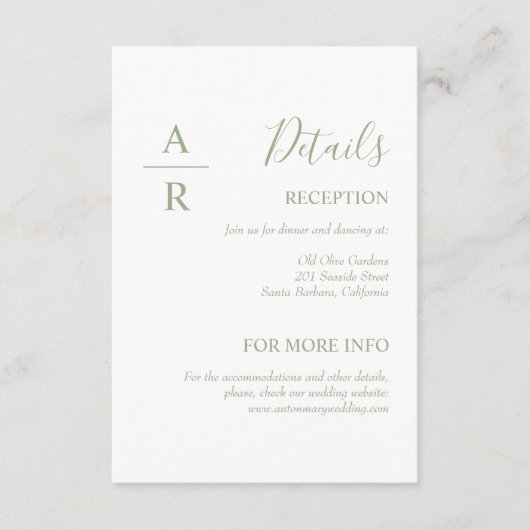 Sage Green Script Initials Typografie Hochzeit Begleitkarte (Vorderseite)