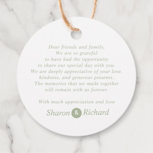 Sage Green Script Kalligraphie Danke Hochzeit Geschenkanhänger (Rückseite)