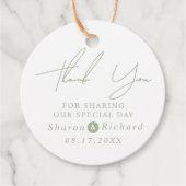 Sage Green Script Kalligraphie Danke Hochzeit Geschenkanhänger (Vorderseite)