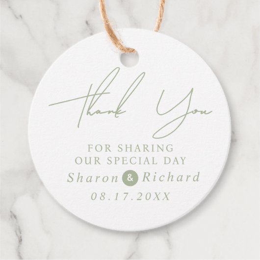 Sage Green Script Kalligraphie Danke Hochzeit Geschenkanhänger (Vorderseite)