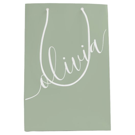 Sage Green Script Minimalistisch Monogram Elegant Mittlere Geschenktüte (Vorderseite)