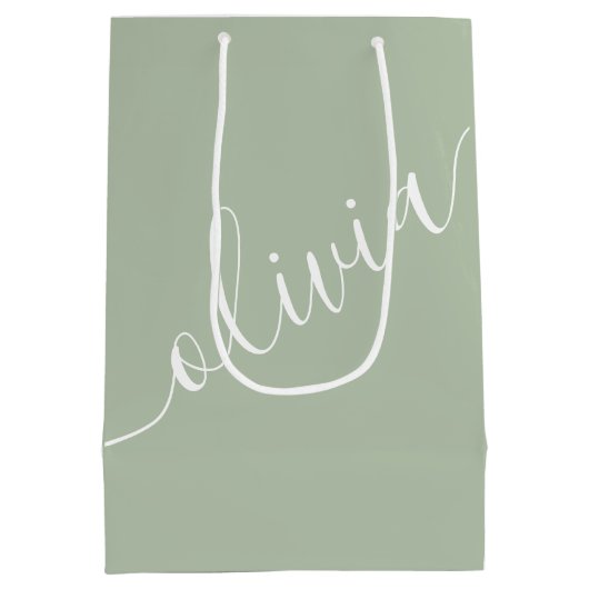 Sage Green Script Minimalistisch Monogram Elegant Mittlere Geschenktüte (Rückseite)
