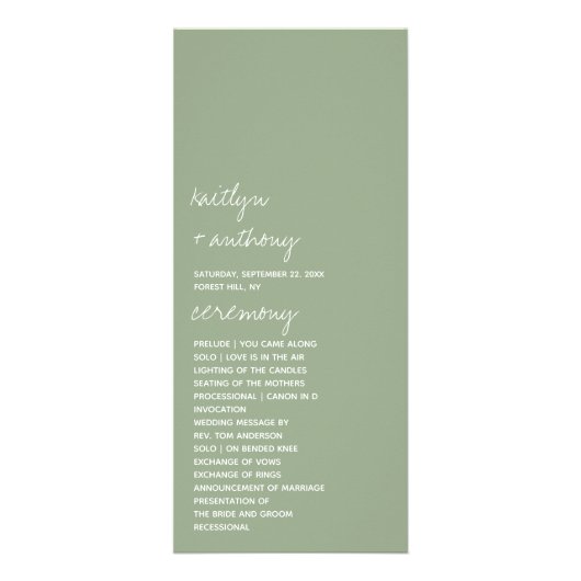 Sage Green Script Minimalistisches Hochzeitsprogra Werbekarte (Vorne)