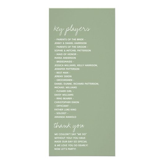 Sage Green Script Minimalistisches Hochzeitsprogra Werbekarte (Hinten)