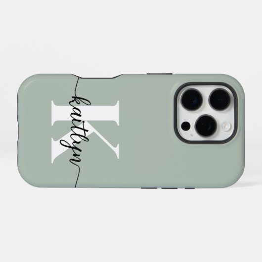 Sage Green Script Monogram iPhone Hülle (Rückseite (Horizontal))