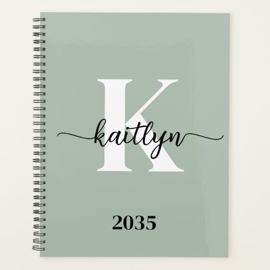 Sage Green Script Monogram Planer (Vorderseite)