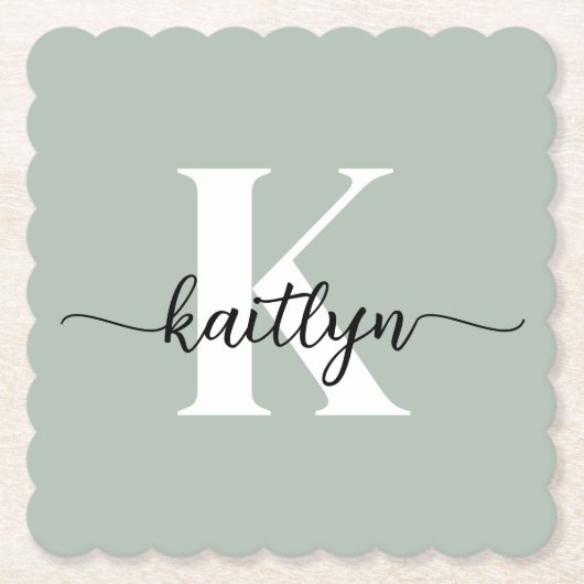 Sage Green Script Monogram Untersetzer (Vorderseite)