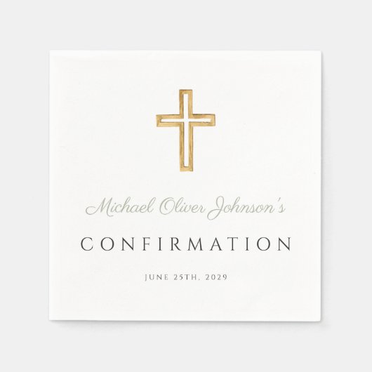 Sage Green Script Religious Cross Bestätigung Serviette (Vorderseite)
